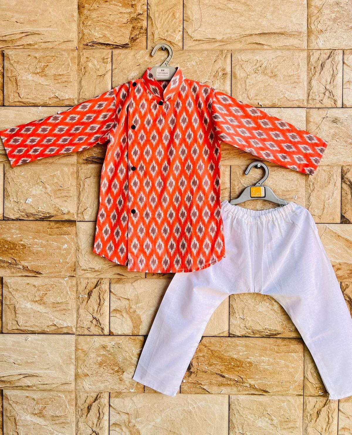 Ikat Print Boys Cotton Kurta Pajama Indian Ethnic Wear for Baby Boy Wedding, Diwali, Housewarming, Eid Festivities