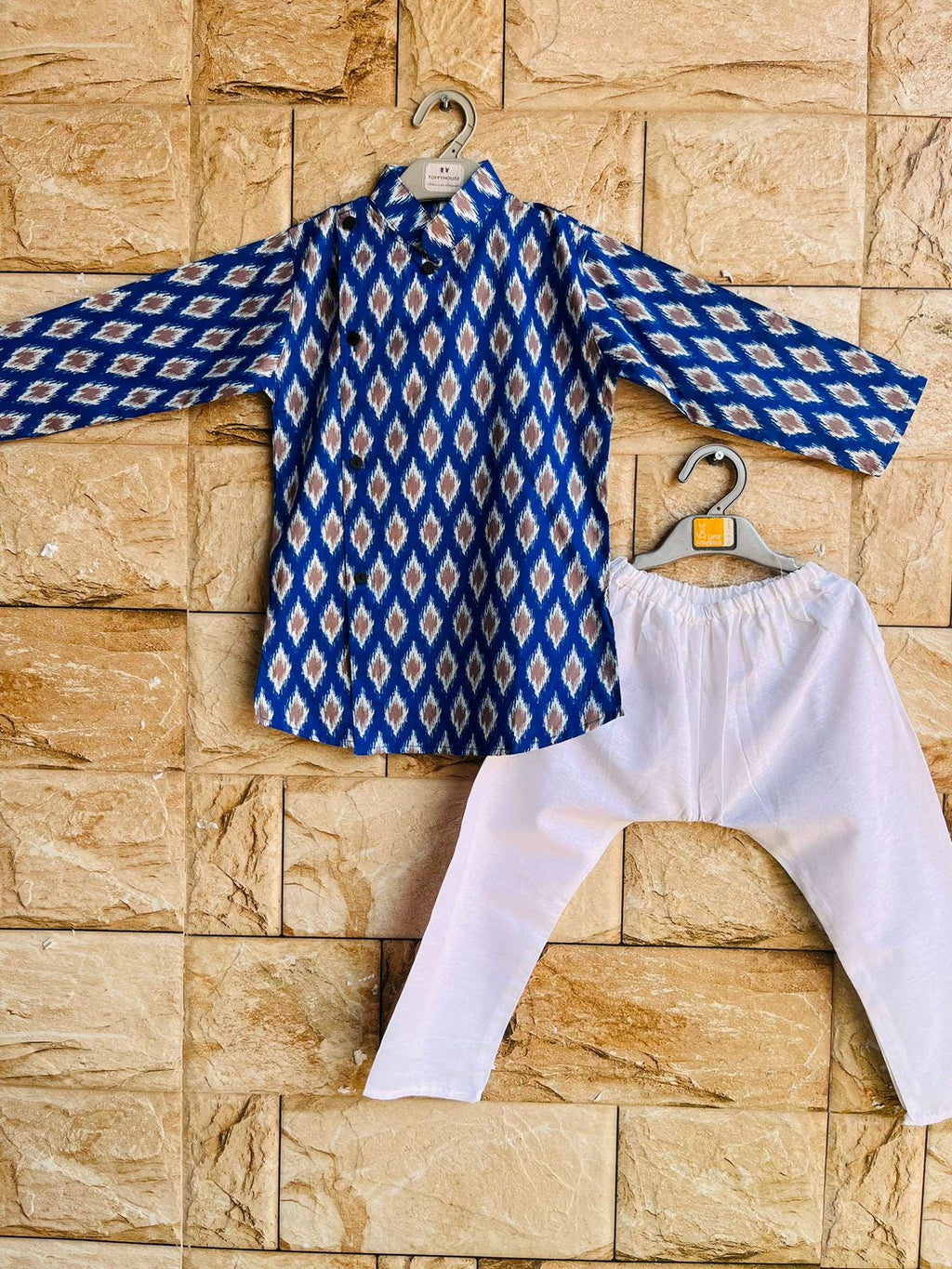 Ikat Print Boys Cotton Kurta Pajama Indian Ethnic Wear for Baby Boy Wedding, Diwali, Housewarming, Eid Festivities