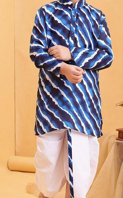 Leheria Print Cotton Dhoti Kurta for Boys  Indian Ethnic Wear for Wedding, Eid, Diwali, & Annaprasan Kids Outfit