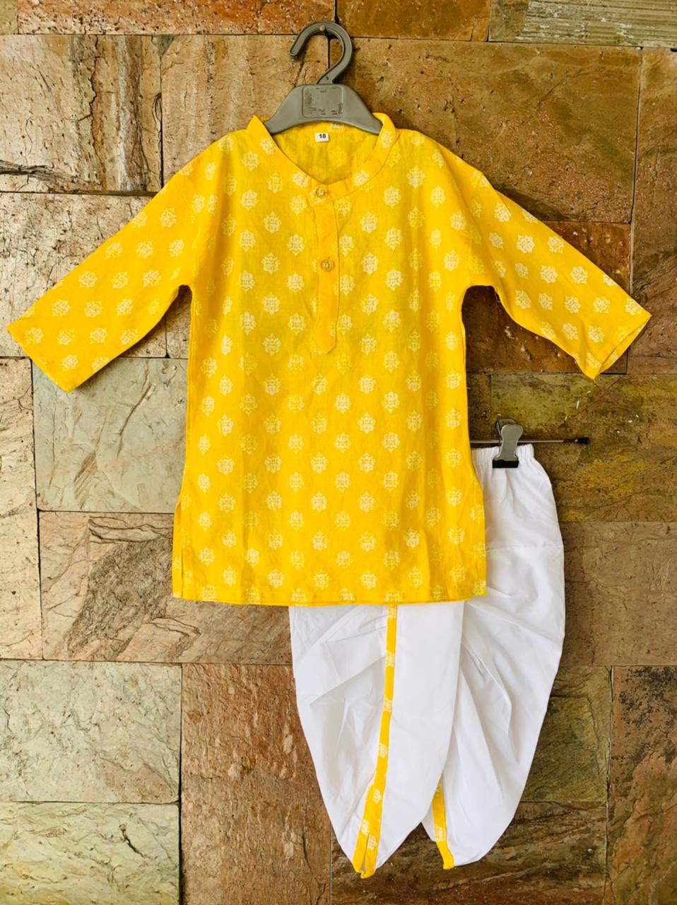 Handblock Printed Boys Dhoti Kurta Set - Indian Ethnic Wear for Kids, 3-4 Year boy kurta, Kids 5 year old kurta dhoti pant Yellow Kurta