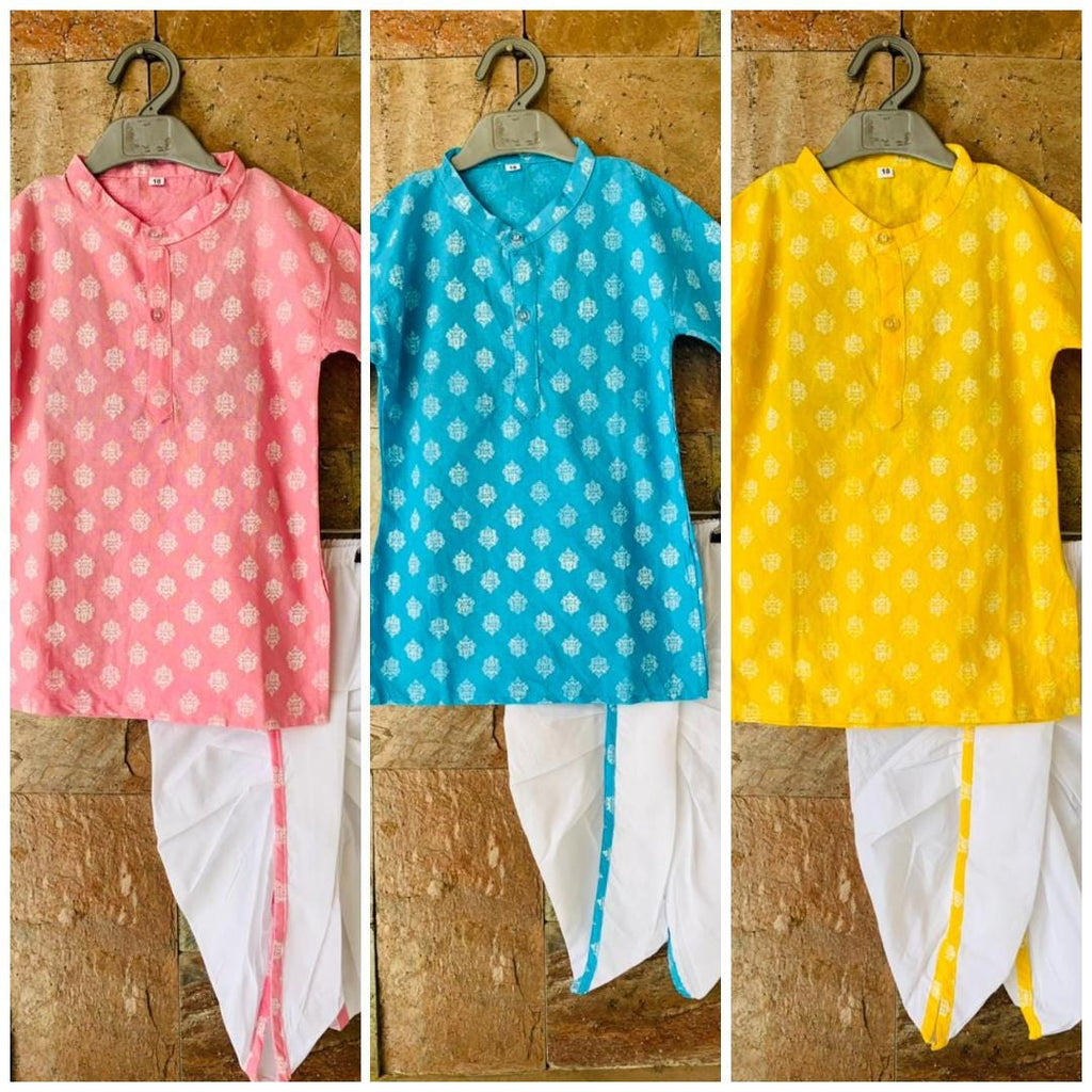 Handblock Printed Boys Dhoti Kurta Set - Indian Ethnic Wear for Kids, 3-4 Year boy kurta, Kids 5 year old kurta dhoti pant Yellow Kurta