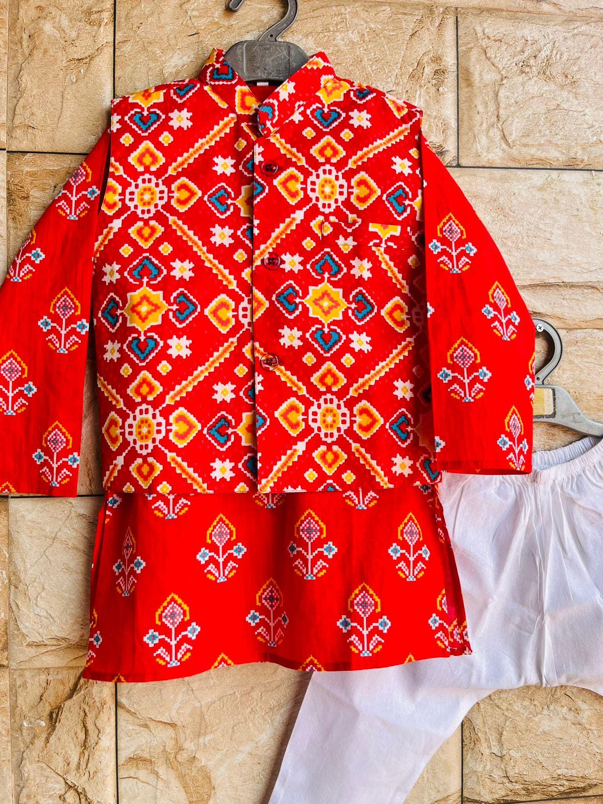 Patola Print Boys Kurta Pajama Set with Nehru Jacket Cotton Ethnic Wear for Kids Festival Diwali Eid Wedding