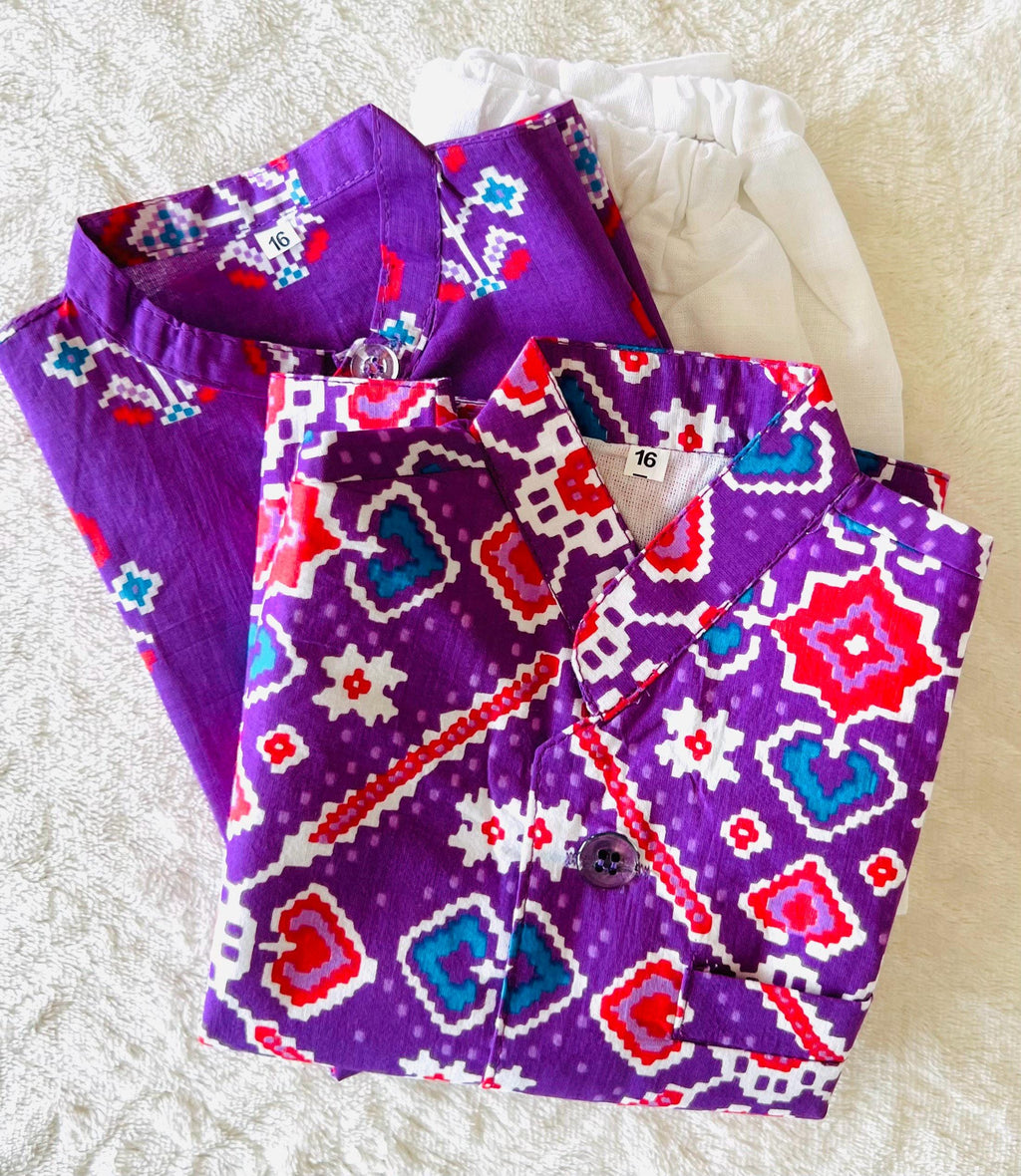 Patola Print Boys Kurta Pajama Set with Nehru Jacket Cotton Ethnic Wear for Kids Festival Diwali Eid Wedding