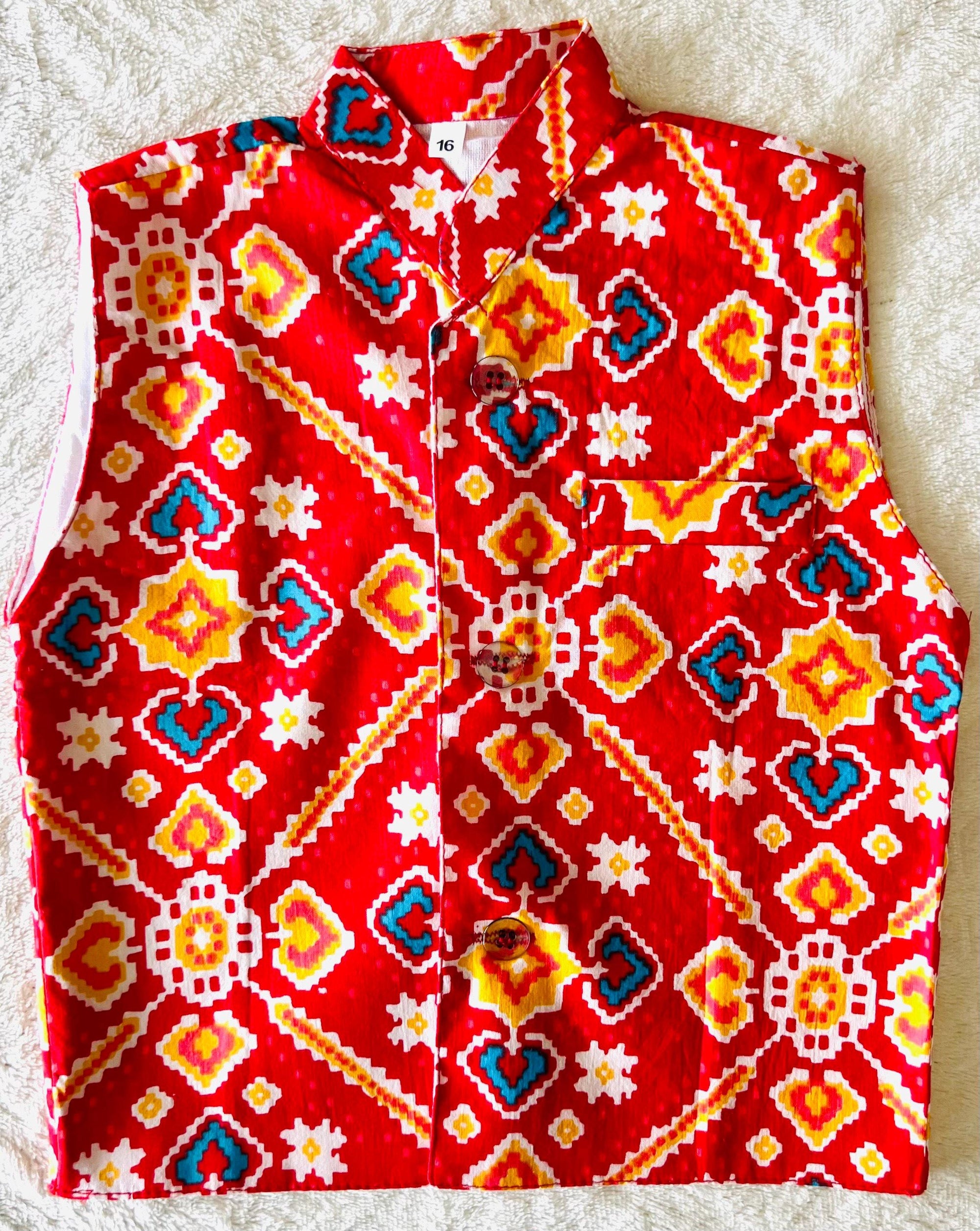 Patola Print Boys Kurta Pajama Set with Nehru Jacket Cotton Ethnic Wear for Kids Festival Diwali Eid Wedding