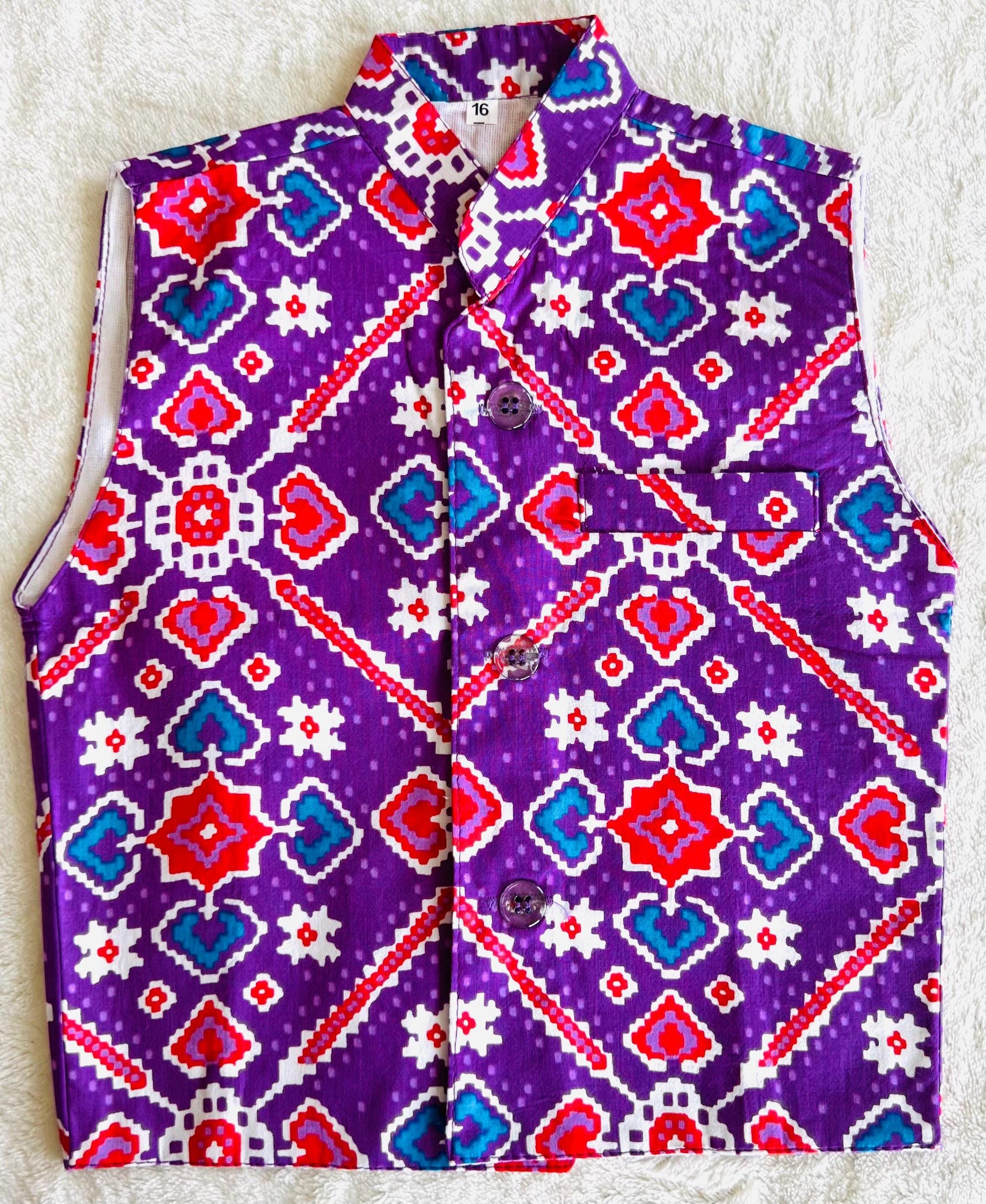 Patola Print Boys Kurta Pajama Set with Nehru Jacket Cotton Ethnic Wear for Kids Festival Diwali Eid Wedding