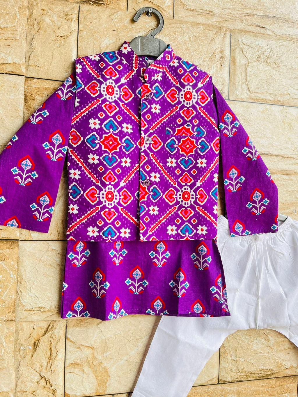 Patola Print Boys Kurta Pajama Set with Nehru Jacket Cotton Ethnic Wear for Kids Festival Diwali Eid Wedding