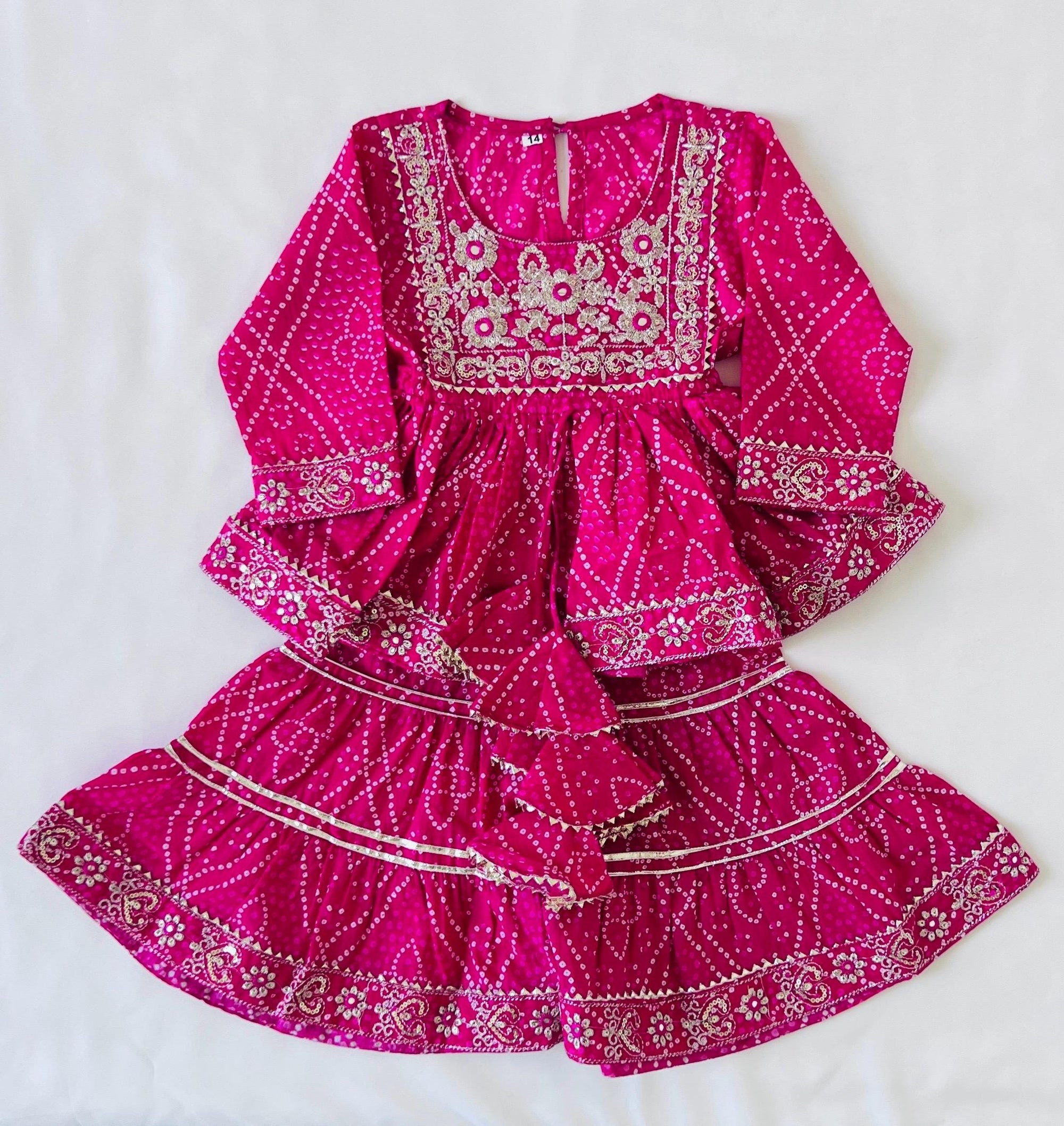 Bandhani Print Sharara Salwar Kurti for Girls Embroidery Kurta Sharara Kids Dress Traditional Ethnic Wear