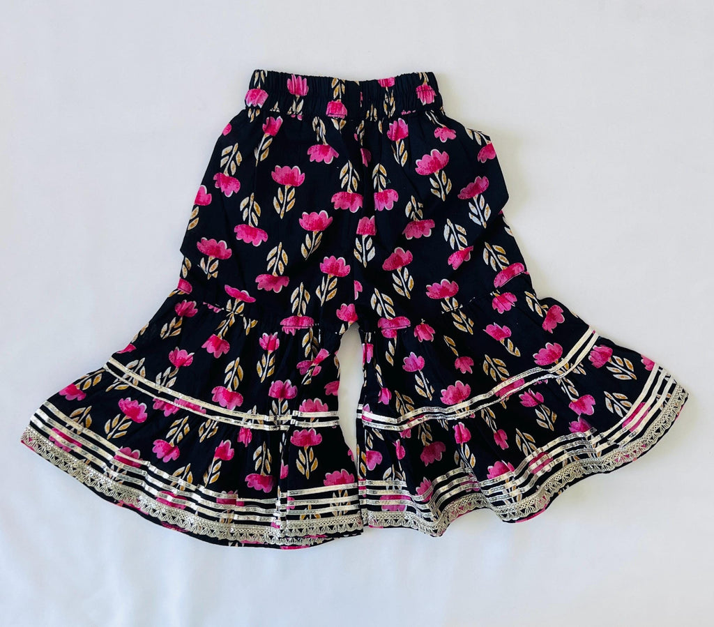 Kids Black Floral Print Kurti Sharara Ethnic Dress for Girls Cotton Salwar Baby Girl Outfit