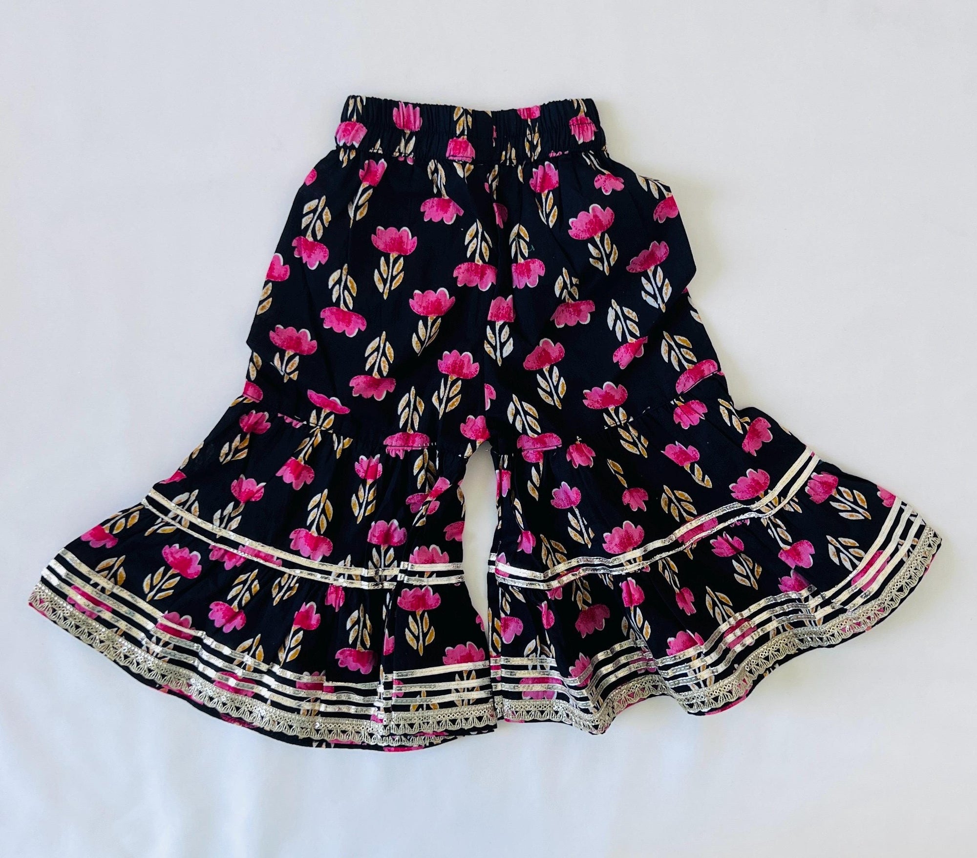 Kids Black Floral Print Kurti Sharara Ethnic Dress for Girls Cotton Salwar Baby Girl Outfit