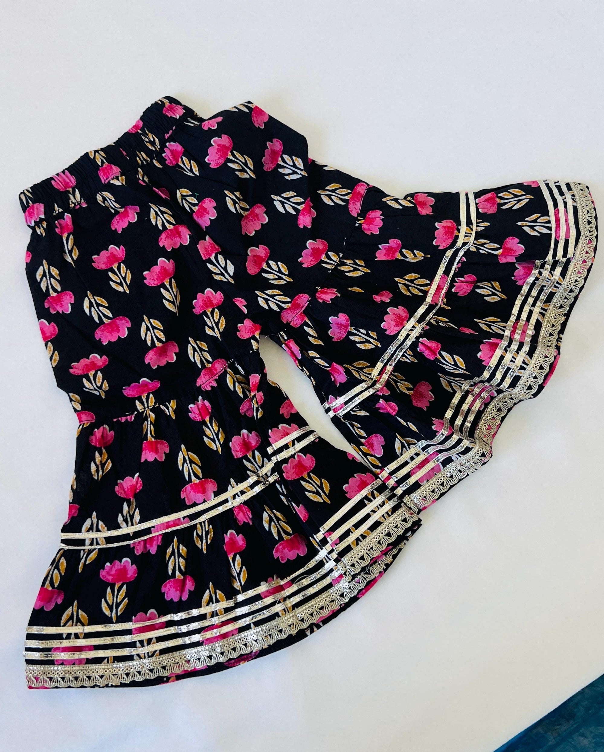 Kids Black Floral Print Kurti Sharara Ethnic Dress for Girls Cotton Salwar Baby Girl Outfit