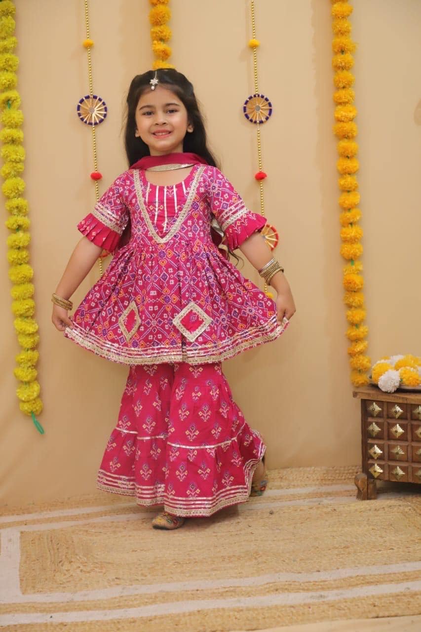 Girls Patola Print Kurti Sharara Set for Kids, Ethnic Indian Traditional Outfit, Festive Wear, Cotton sharara dress
