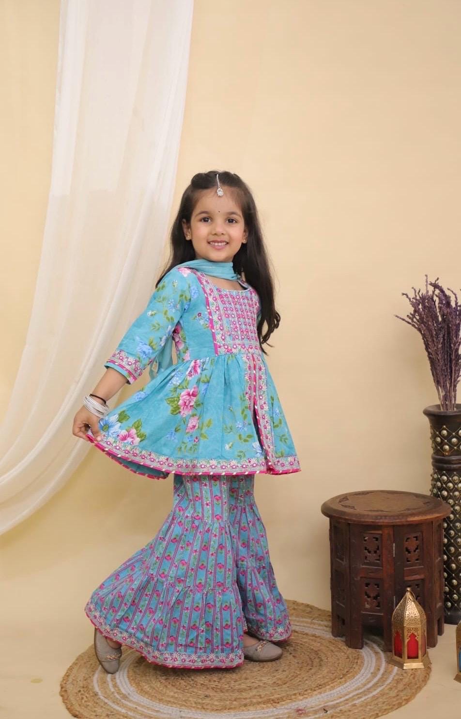 Girls Kurti Sharara Set for Kids Baby Girl Traditional Indian Ethnic Wear with Floral Embroidered Festive Outfit Women Salwar Suit Palazzo