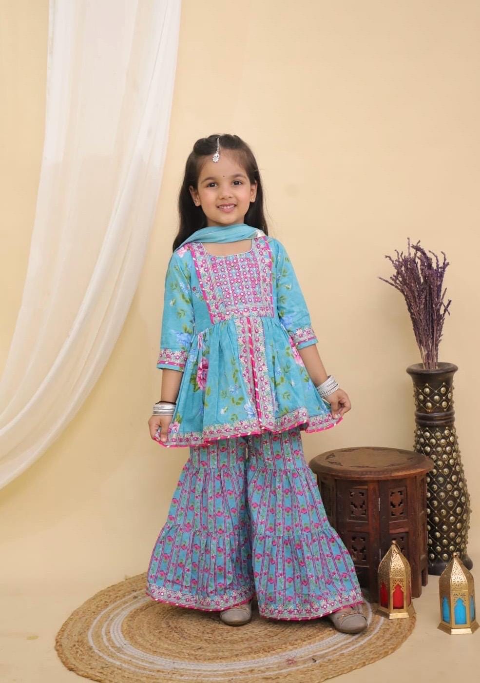 Girls Kurti Sharara Set for Kids Baby Girl Traditional Indian Ethnic Wear with Floral Embroidered Festive Outfit Women Salwar Suit Palazzo