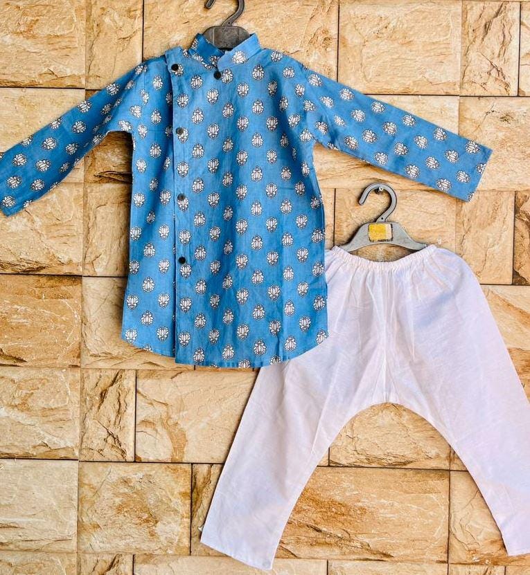 Boys Kurta Pyjama Set Cotton Indian Ethnic Wear Lotus Print Kurta Pant Traditional Festival Outfit for Kids