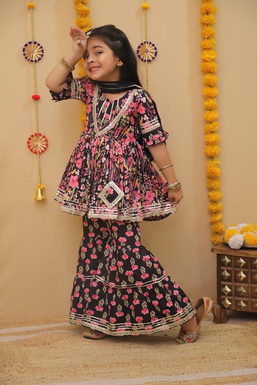 Kids Black Floral Print Kurti Sharara Ethnic Dress for Girls Cotton Salwar Baby Girl Outfit