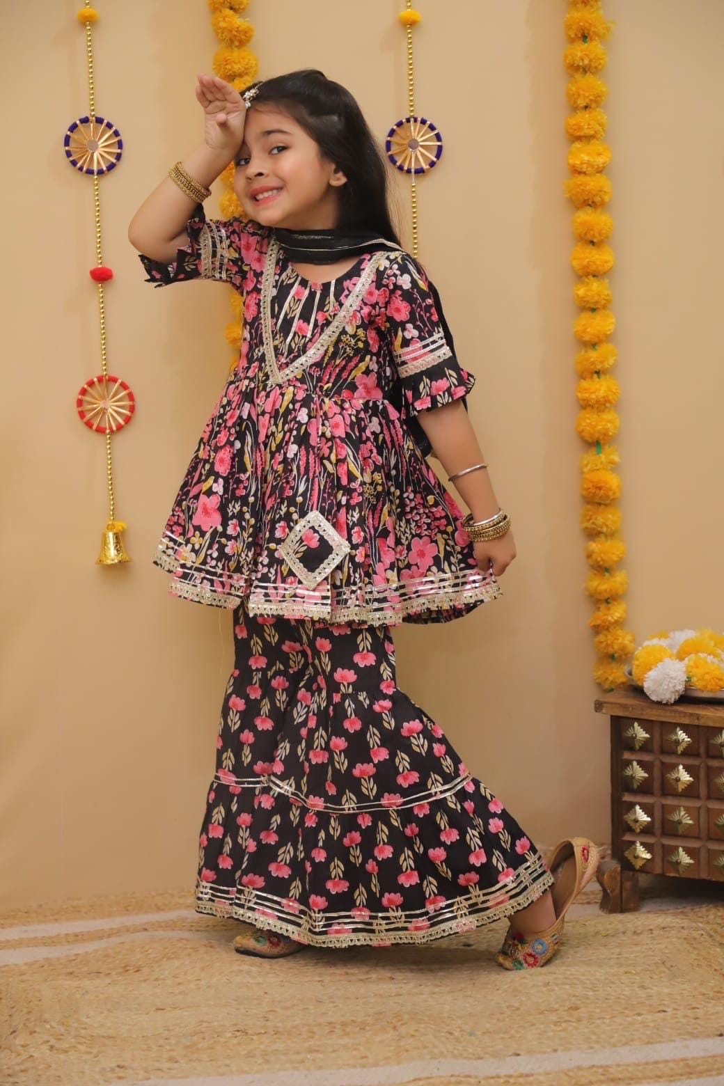 Kids Black Floral Print Kurti Sharara Ethnic Dress for Girls Cotton Salwar Baby Girl Outfit