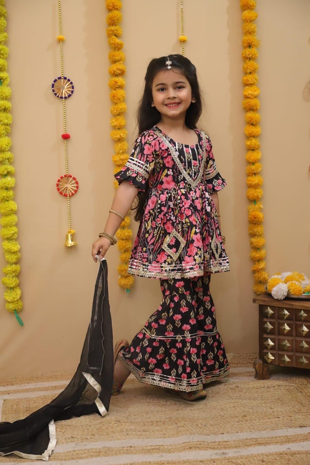 Kids Black Floral Print Kurti Sharara Ethnic Dress for Girls Cotton Salwar Baby Girl Outfit