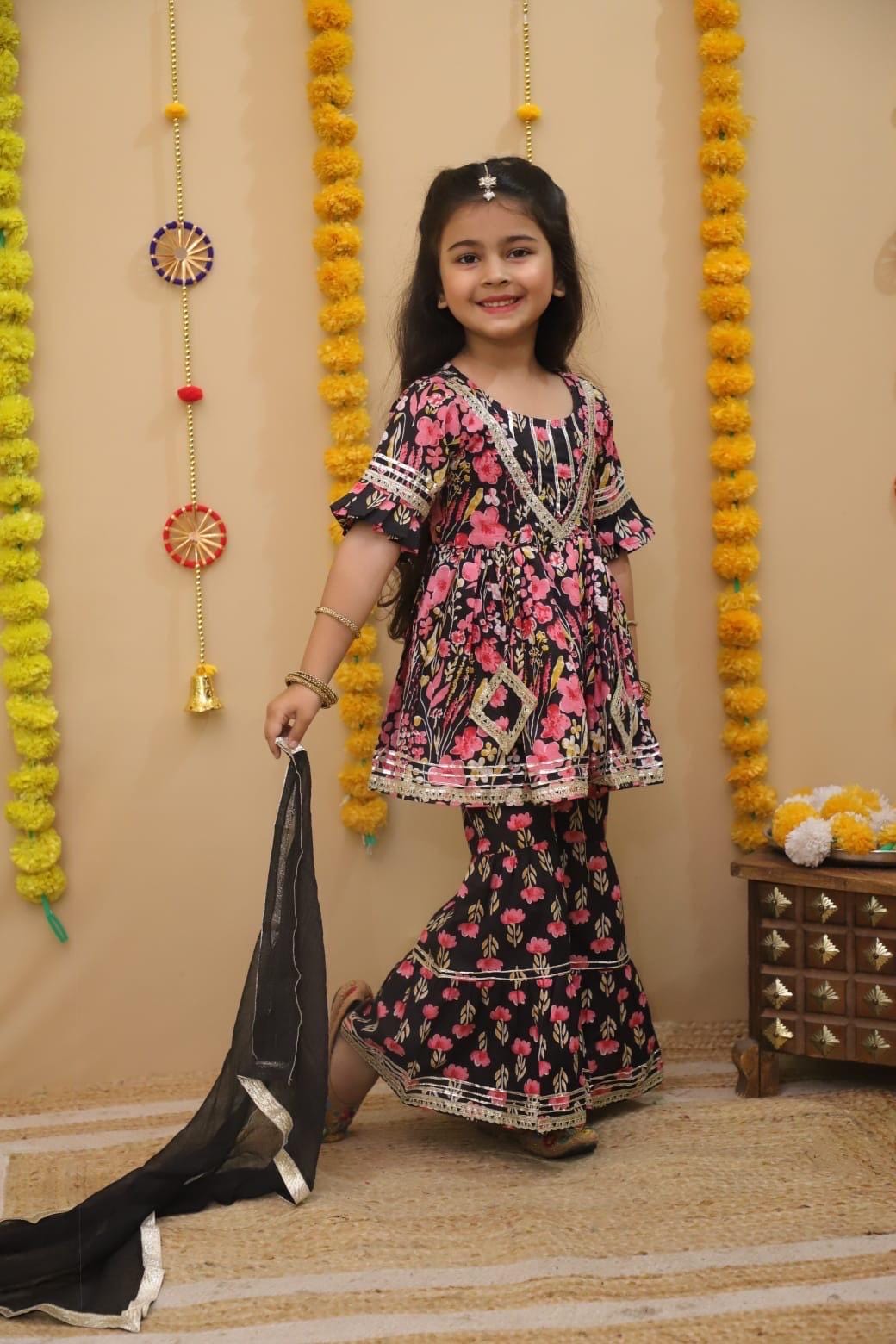 Kids Black Floral Print Kurti Sharara Ethnic Dress for Girls Cotton Salwar Baby Girl Outfit