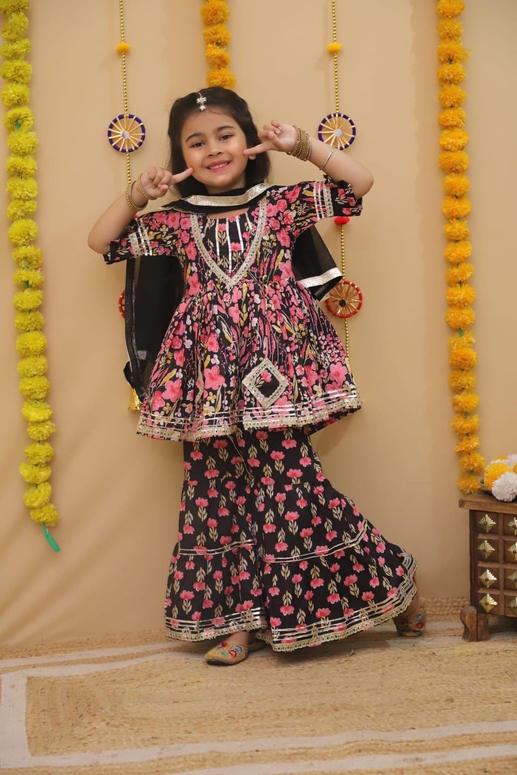 Kids Black Floral Print Kurti Sharara Ethnic Dress for Girls Cotton Salwar Baby Girl Outfit