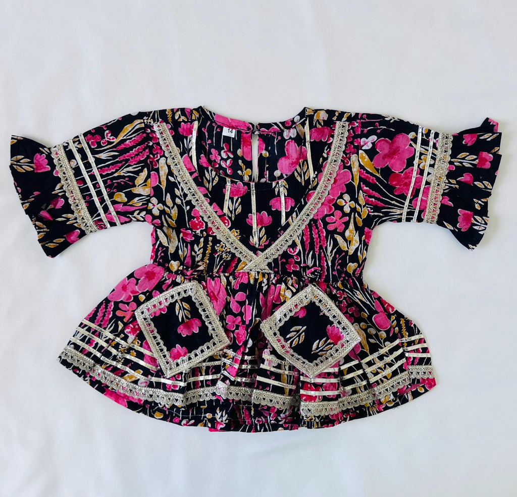 Kids Black Floral Print Kurti Sharara Ethnic Dress for Girls Cotton Salwar Baby Girl Outfit
