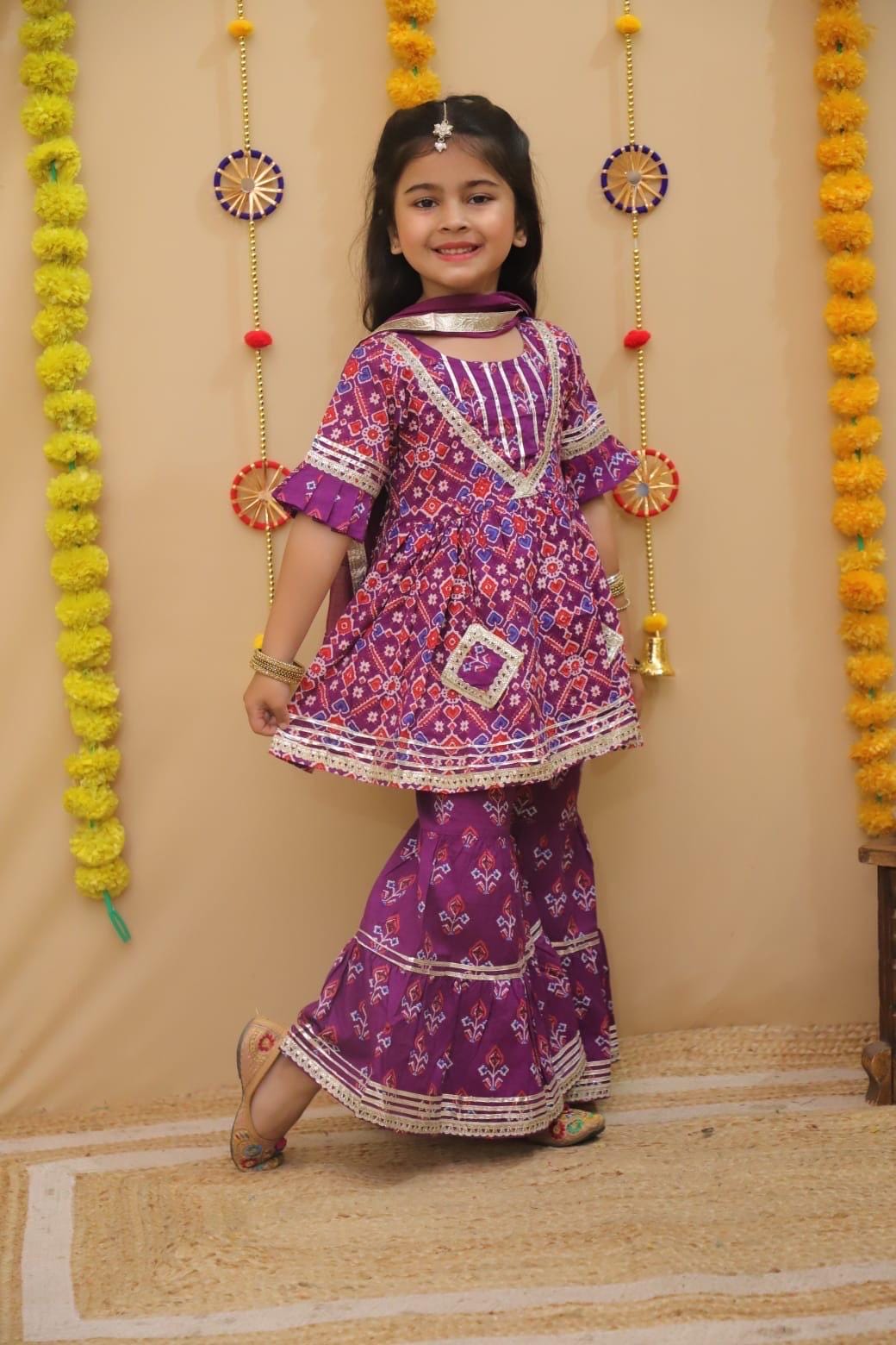 Girls Patola Print Kurti Sharara Set for Kids, Ethnic Indian Traditional Outfit, Festive Wear, Cotton sharara dress