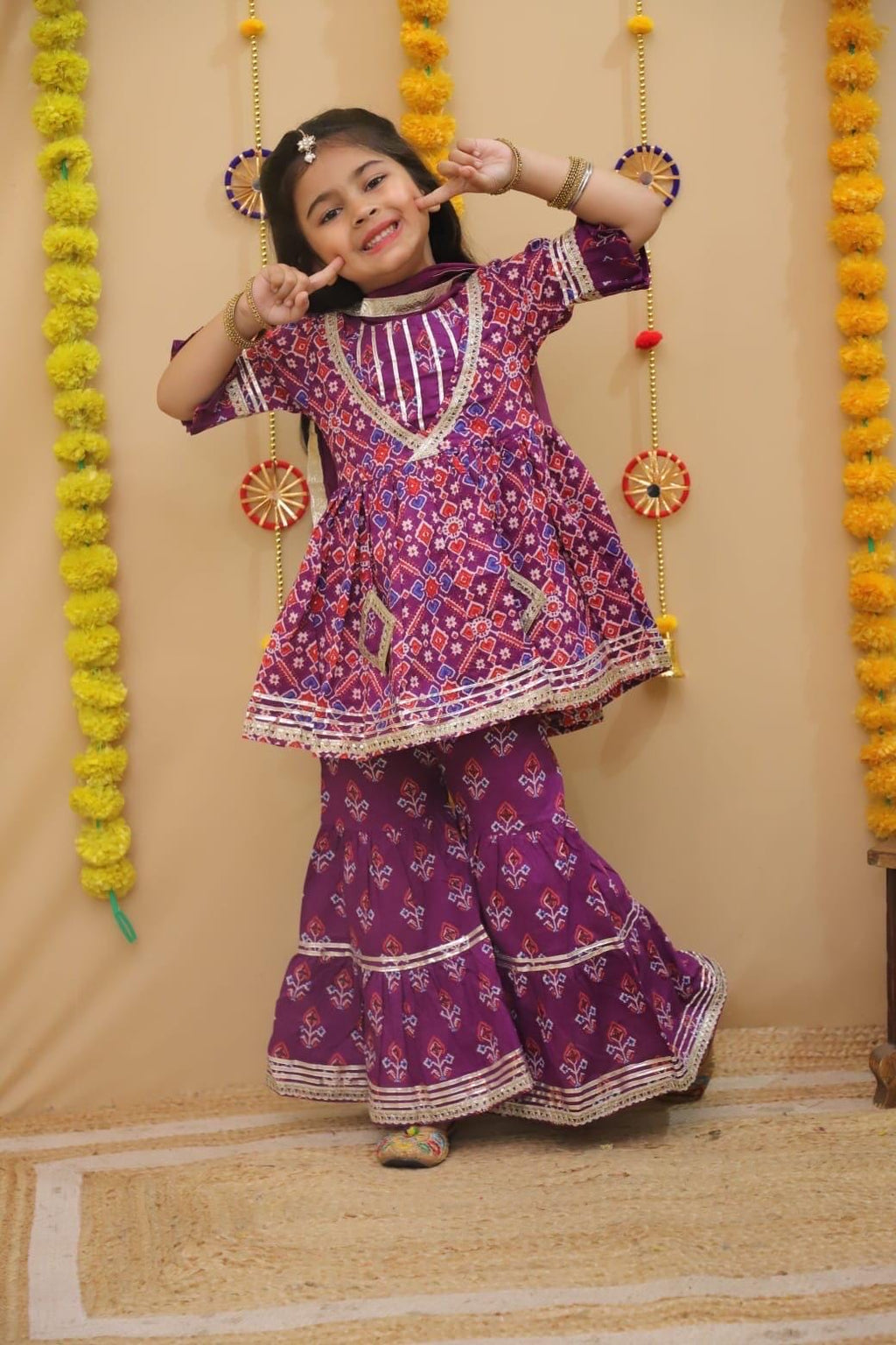 Girls Patola Print Kurti Sharara Set for Kids, Ethnic Indian Traditional Outfit, Festive Wear, Cotton sharara dress