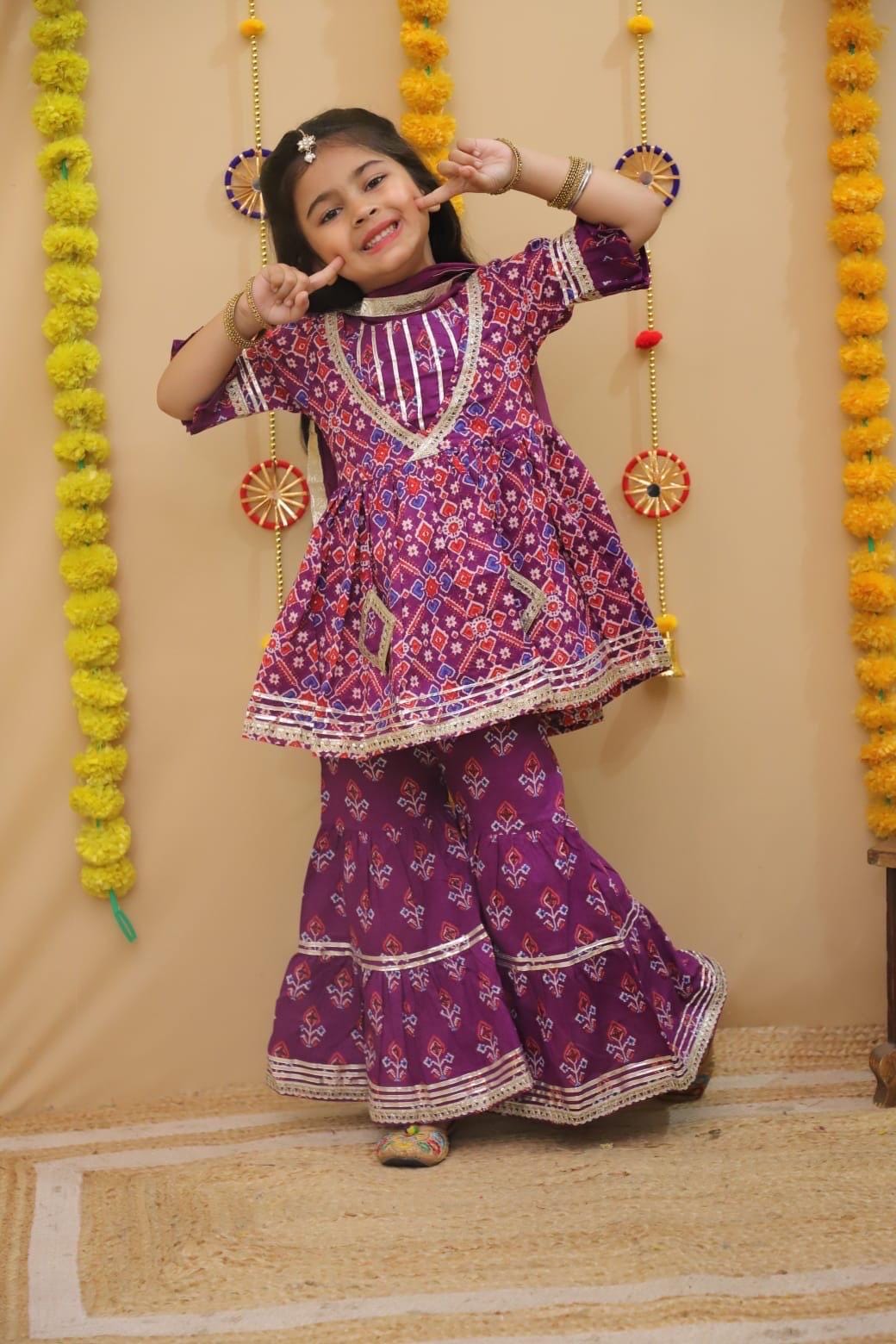 Girls Patola Print Kurti Sharara Set for Kids, Ethnic Indian Traditional Outfit, Festive Wear, Cotton sharara dress