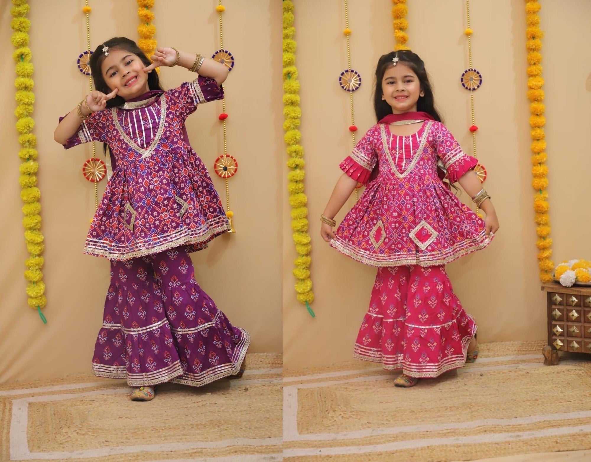 Girls Patola Print Kurti Sharara Set for Kids, Ethnic Indian Traditional Outfit, Festive Wear, Cotton sharara dress
