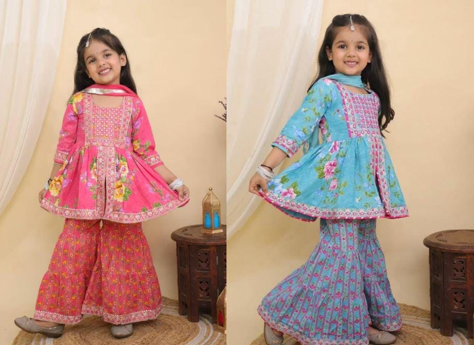 Girls Kurti Sharara Set for Kids Baby Girl Traditional Indian Ethnic Wear with Floral Embroidered Festive Outfit Women Salwar Suit Palazzo
