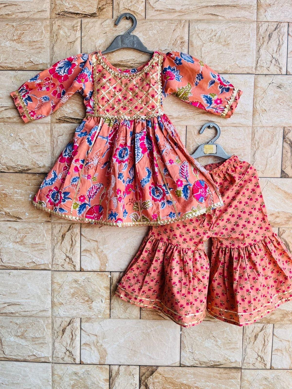 Twining set Kids Kurti Sharara Indian Dress for Girls Cotton Kurti Pant for Rakshabandhan & Festivals Floral Print Kurti Salwar Sibling set