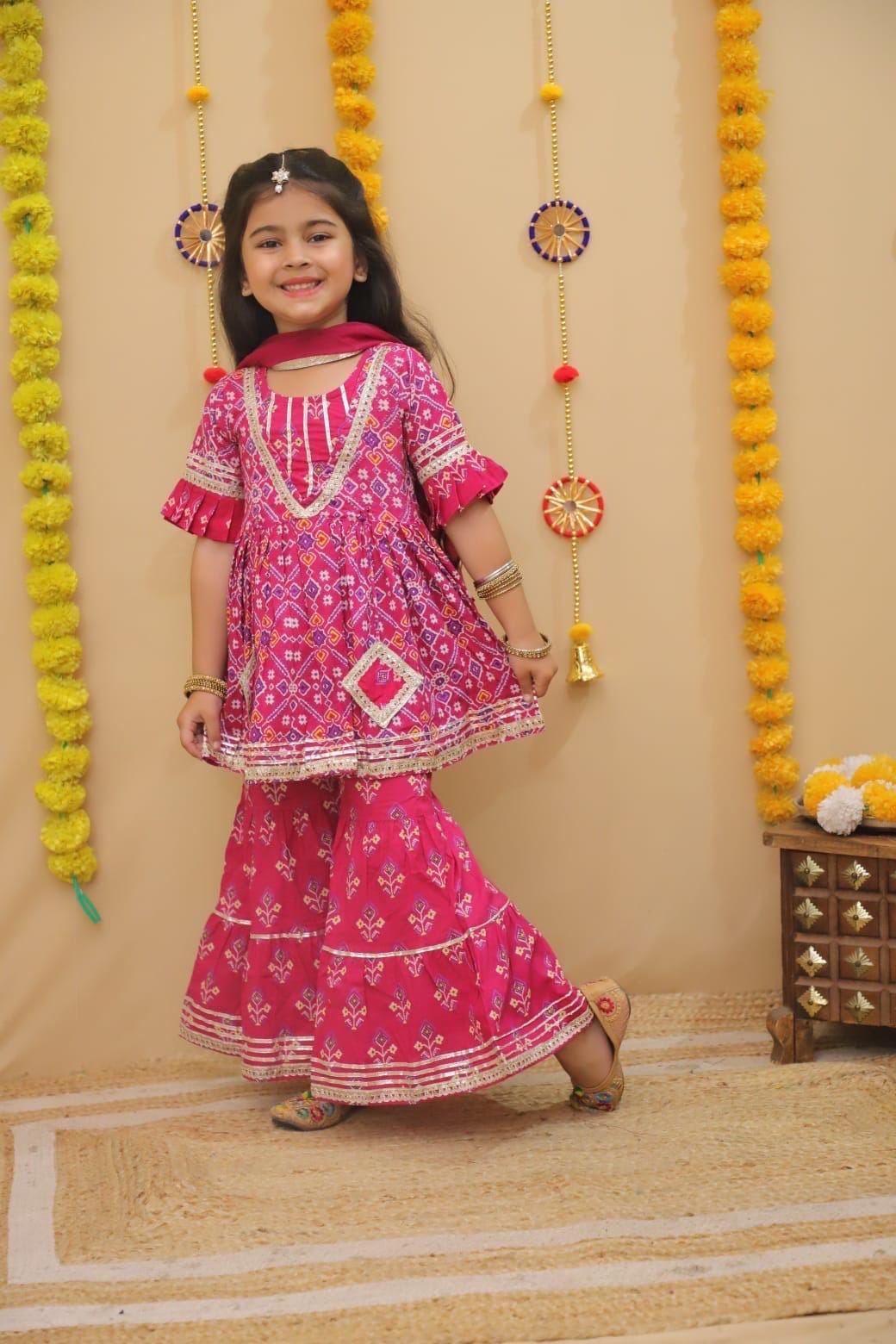 Girls Patola Print Kurti Sharara Set for Kids, Ethnic Indian Traditional Outfit, Festive Wear, Cotton sharara dress