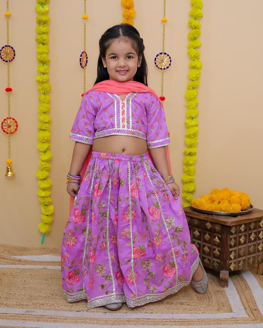 Girls Lehenga Choli Set Festive Outfit with Dupatta Kids Ethnic Wear Weddings & Parties Festive Indian Wear Handcrafted Cotton Lehenga Choli