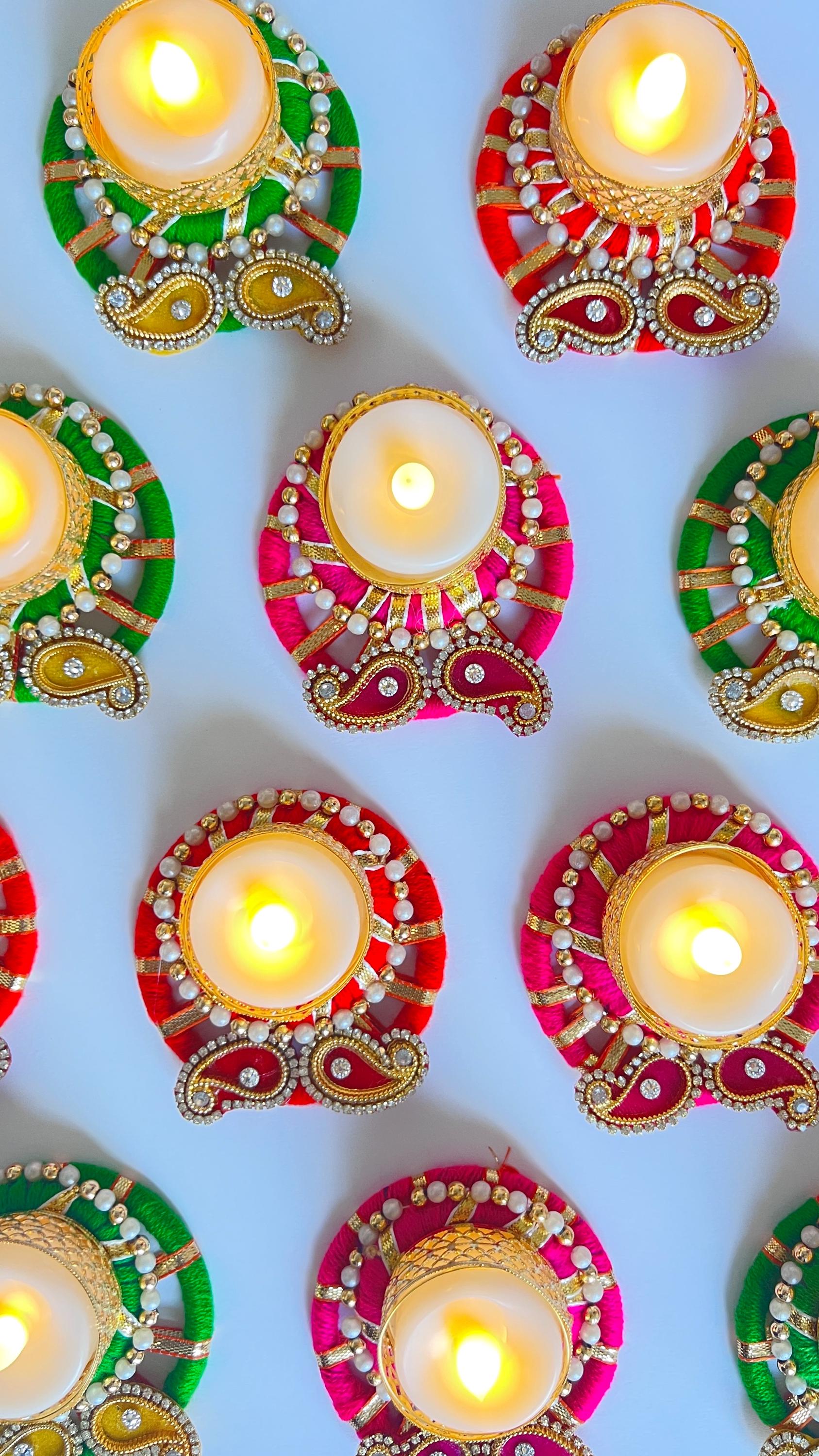 Diwali Tea Light Candle Holder Indian Festival Décor Traditional Diya Handmade Votive for Puja, Home, Wedding & Gifting, Multicolor set