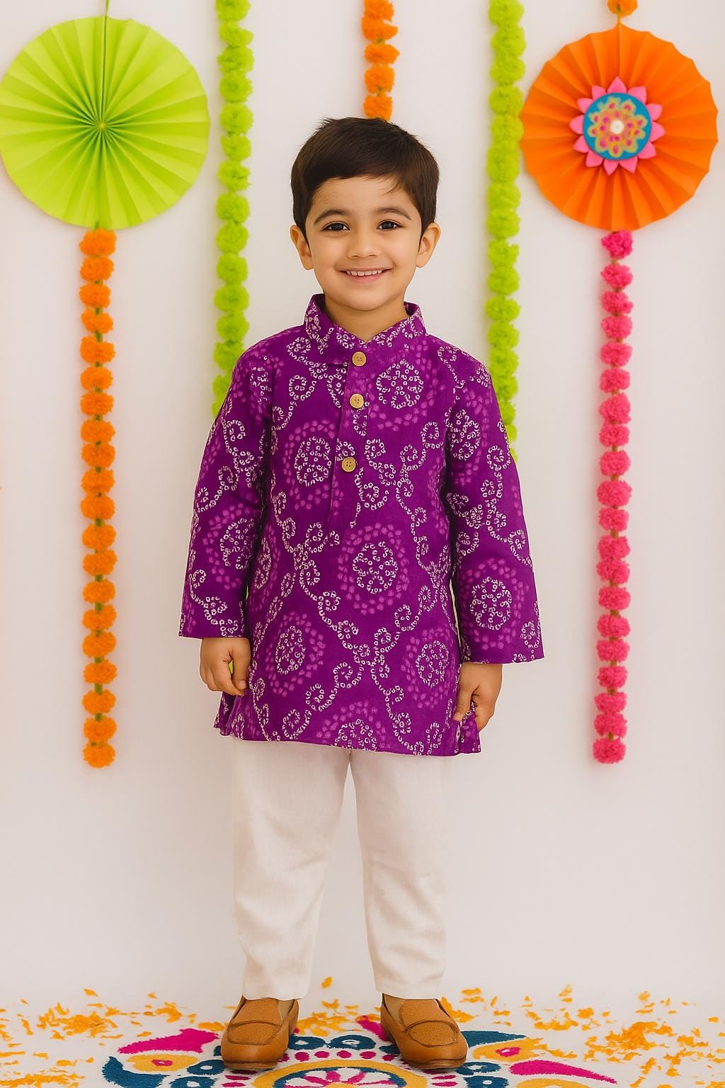 Bandhej Print Boys Kurta Pajama Set Traditional Indian Outfit for Kids, Ethnic Festival Wear Diwali, Wedding, Navratri Dress