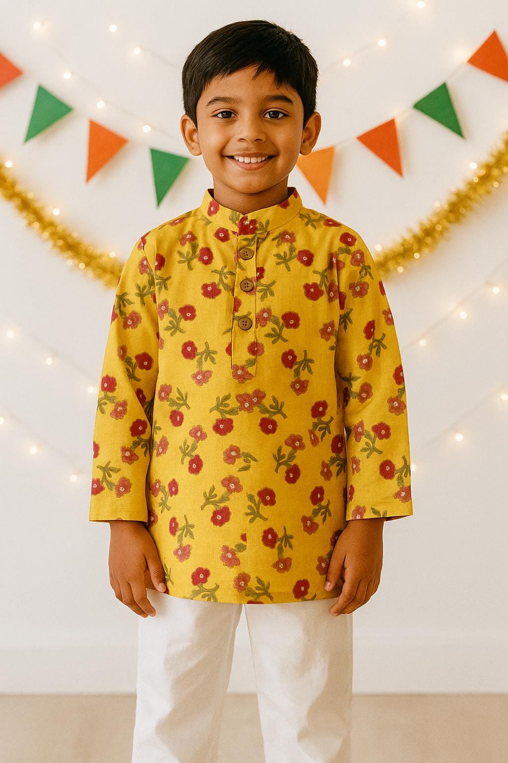 Boys Yellow Floral Kurta Pajama Set, kids ethnic wear, Festival outfit
