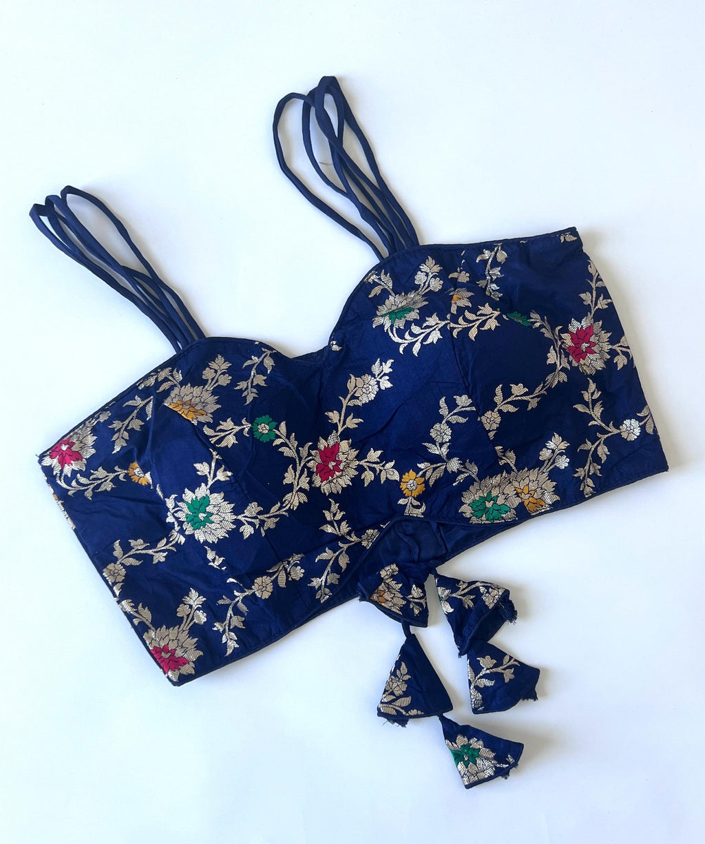 Floral Brocade Saree Blouse: Sleeveless Noodle Strap Crop Top (Size 38-40 inches)