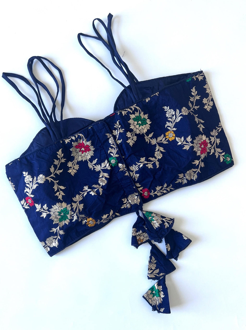Floral Brocade Saree Blouse: Sleeveless Noodle Strap Crop Top (Size 38-40 inches)