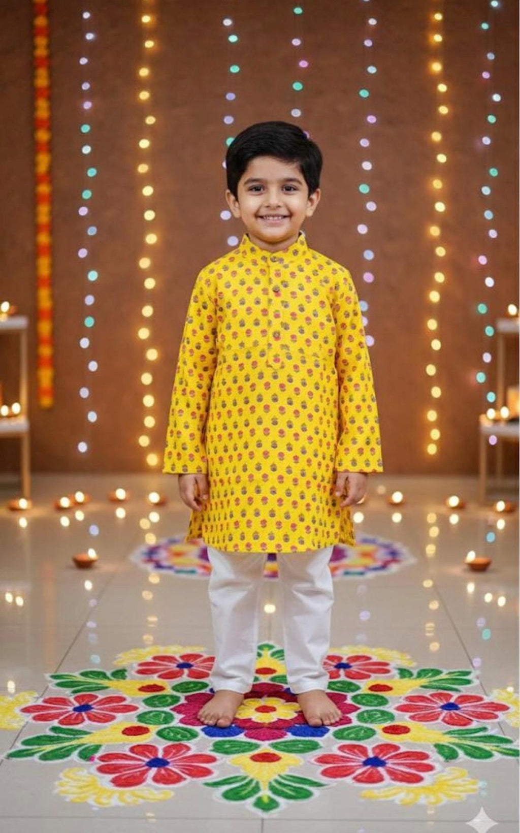 Boys Yellow Floral Kurta Pajama Set, kids ethnic wear, Festival outfit