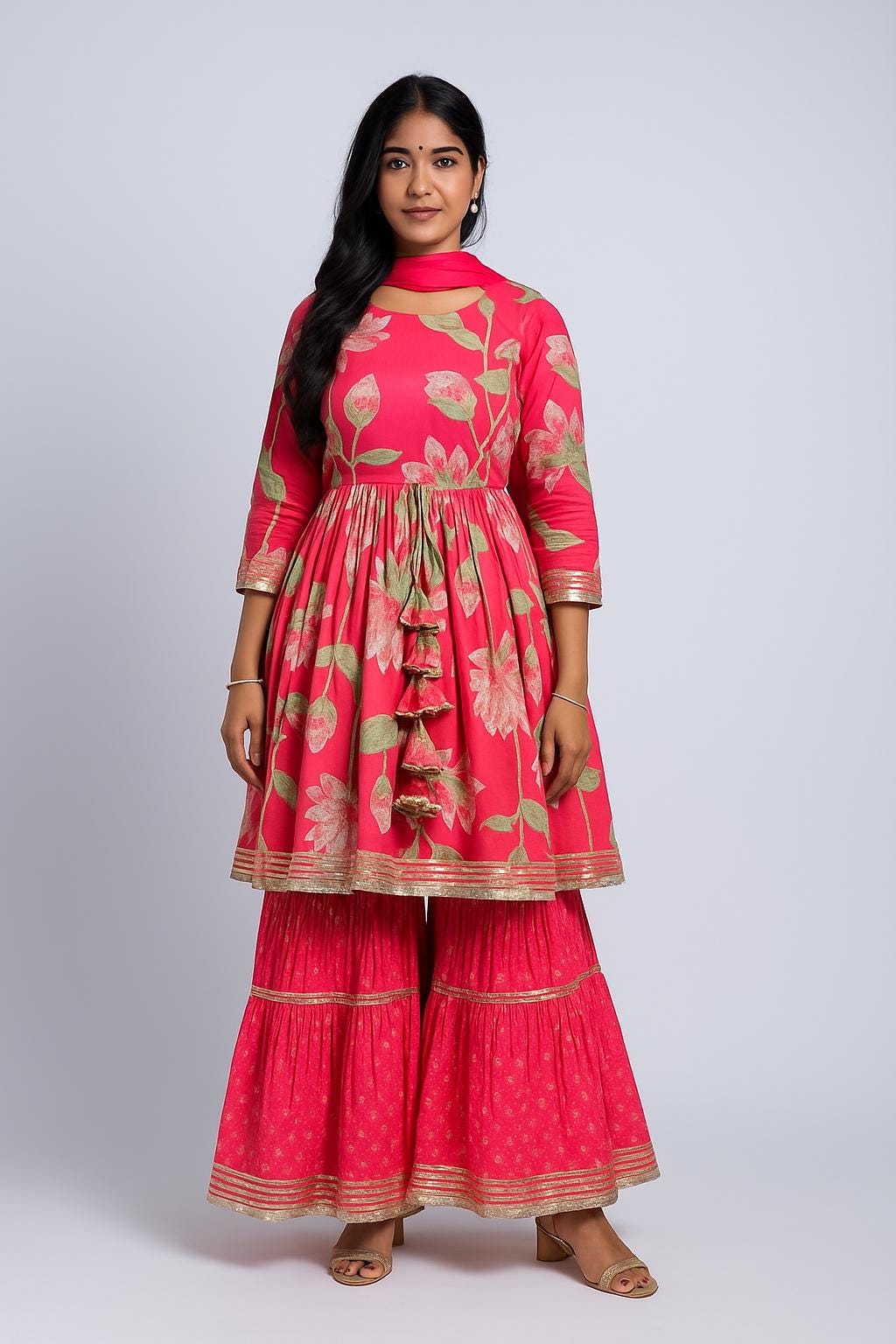 Women's Sharara Kurti Set, Cotton Indian Festive Outfit Ethnic wear