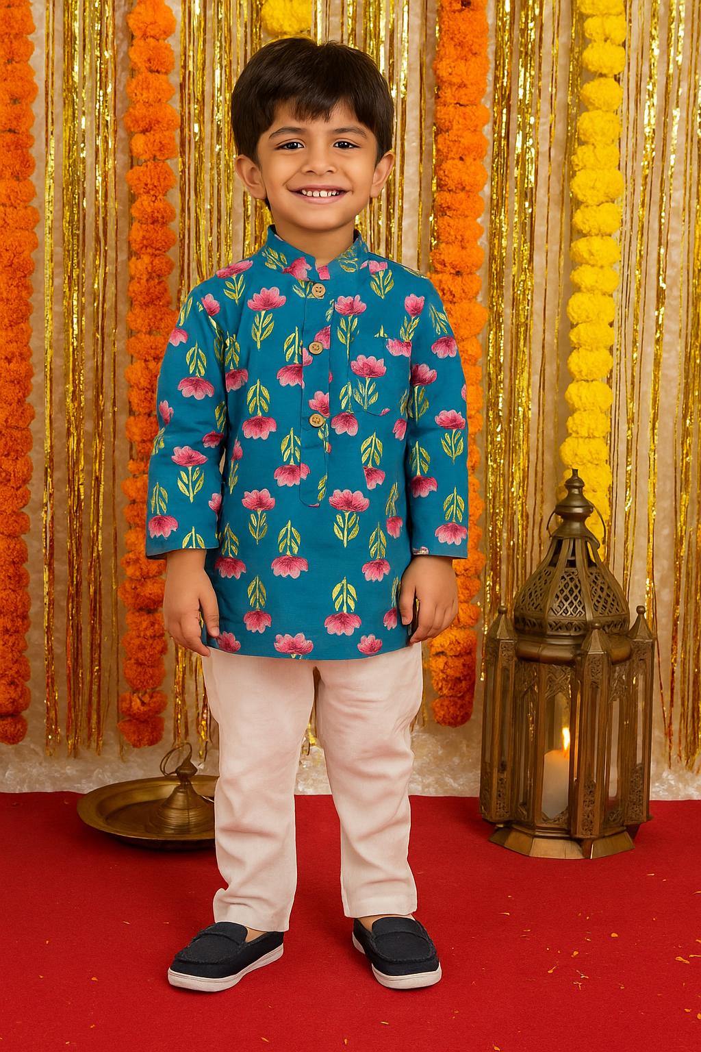 Boys Floral Cotton Kurta Pajama Set, Indian Festive Wear